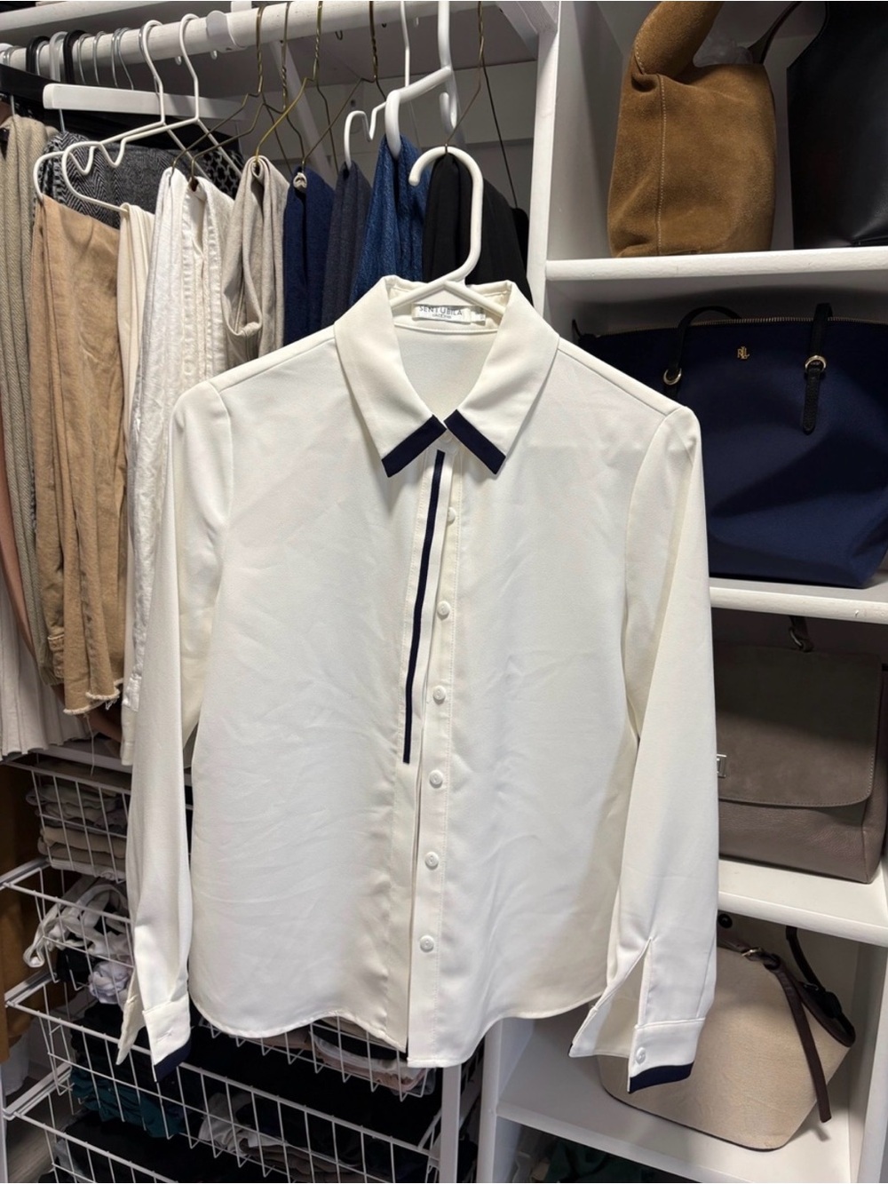 White Long-Sleeve Blouse with blue trim